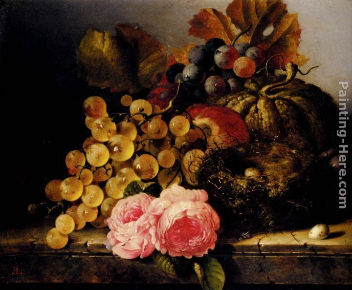 Edward Ladell Still Life With A Birds Nest, Roses, A Melon And Grapes